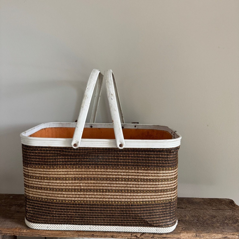 Vintage Redmon Peru Indiana Woven Picnic Basket Brown White MCM Retro Americana